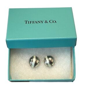 Tiffany & Co 925 Silver White Stripe Enamel Dome Earrings Pierced